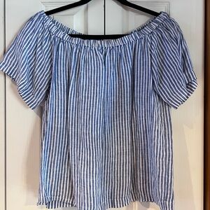 J. Crew Blue and White Striped Off-Shoulder Blouse